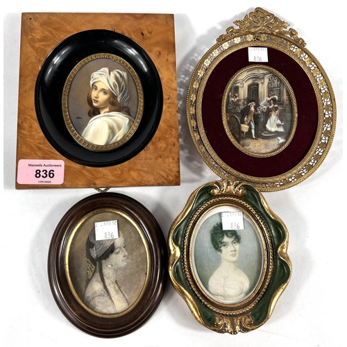 836 - Two mid 20th century reproduction miniatures of 18th century street scene in pierced ormolu frame + ... 