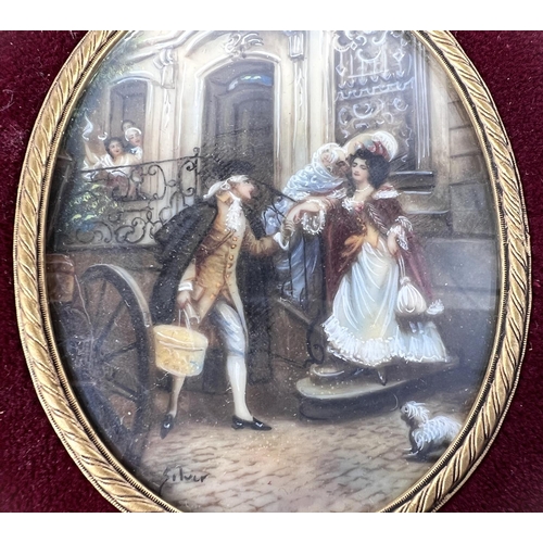 836 - Two mid 20th century reproduction miniatures of 18th century street scene in pierced ormolu frame + ... 