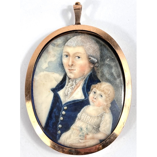 838 - A late 18th/early 19th century primitive school oval miniature on ivory panel, 1/2 length portrait o... 