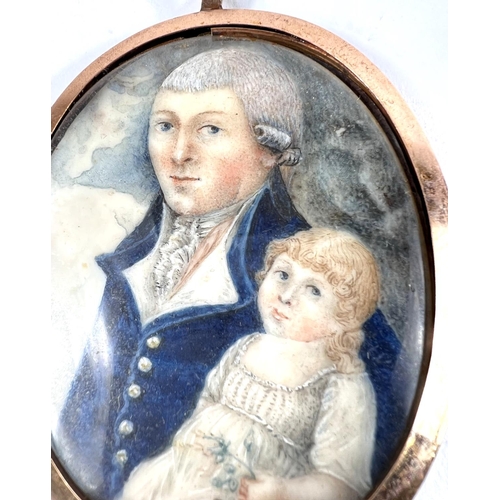 838 - A late 18th/early 19th century primitive school oval miniature on ivory panel, 1/2 length portrait o... 