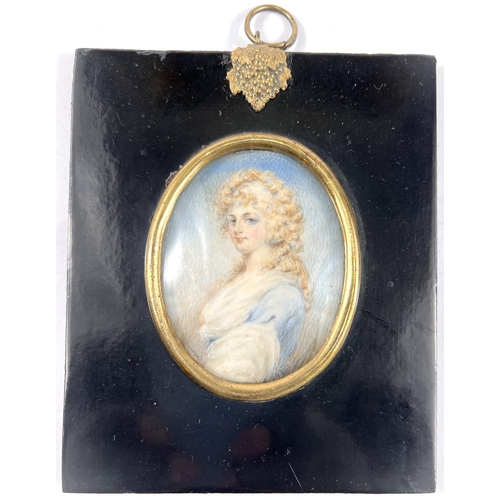 895 - A 19th century miniature portrait of a young woman with blonde hair and blue dress in ebonised frame... 