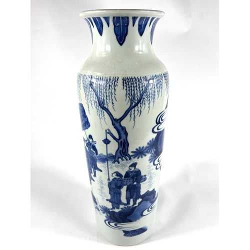 362A - A Tall Chinese blue and white vase of cylindrical form decorated with figures in the countryside, he... 