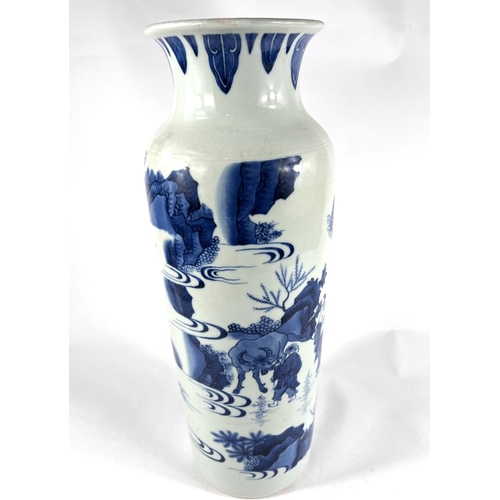 362A - A Tall Chinese blue and white vase of cylindrical form decorated with figures in the countryside, he... 