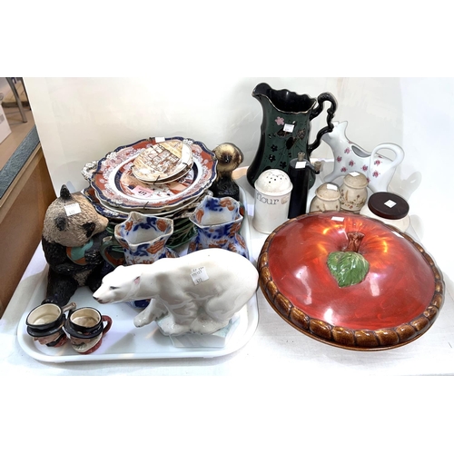 472 - Three 19th century Real Ironstone China wall plaques, a Wedgwood Polar bear, Minton's style dishes e... 