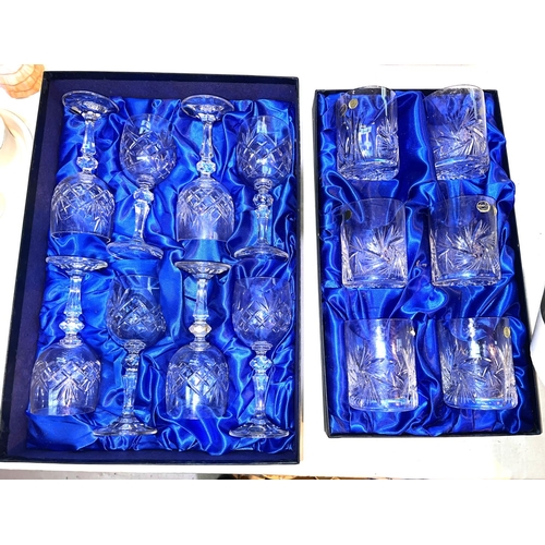 481 - A set of 6 Bohemian crystal tumblers by Henry Marchant,  boxed, 10cm; 8 Bohemian crystal wine g... 