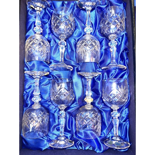 481 - A set of 6 Bohemian crystal tumblers by Henry Marchant,  boxed, 10cm; 8 Bohemian crystal wine g... 