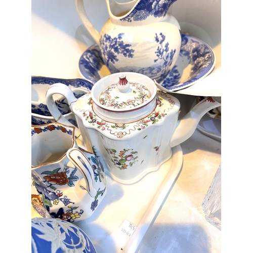 520 - A Victorian style blue & white jug and bowl set; 3 Mason's style jugs; an 18th century Newhall t... 