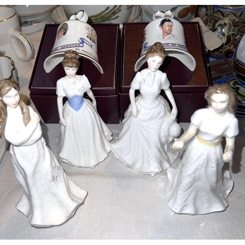 561 - Four Royal Doulton figures; 2 royal commemorative bells; etc.