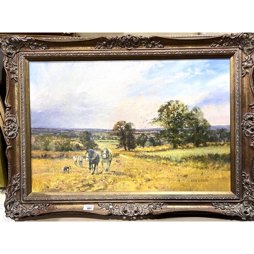 881 - Alwyn Crawshaw:  rural landscape with figures and shire horses, oil on canvas, signed, 50 x 75c... 