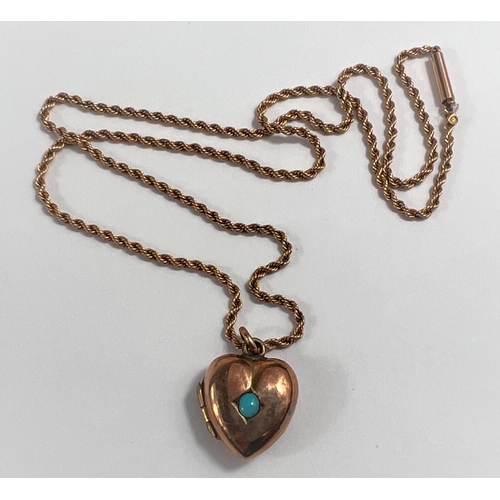 664 - A 9 carat hallmarked gold heart locket set turquoise on rope twist chain, unmarked, tests as circa 9... 