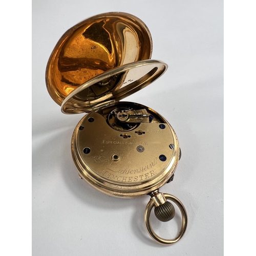 674 - An 18 carat hallmarked gold pocket watch, open face and keyless, signed L Lichtenstein, Manches... 