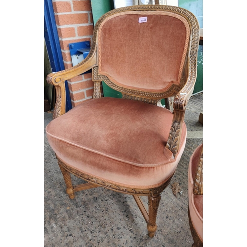 1053 - A pair of French armchairs with carved decoration, rope twist legs x-frame