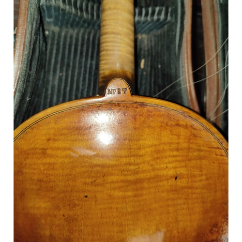 335 - A mid 19th century violin by John Priestnall, with interior label, with 1852 date, No 17 to back of ... 