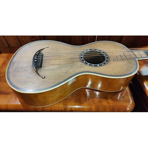 341 - A 19th century Rene Lacote style small bodied French guitar with ivory and mother of pearl inlay to ... 