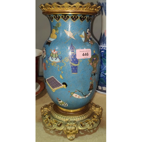 446 - A Chinese cloisonne blue ground vase with bras foot and rim, decorated with vases etc, height 32cm