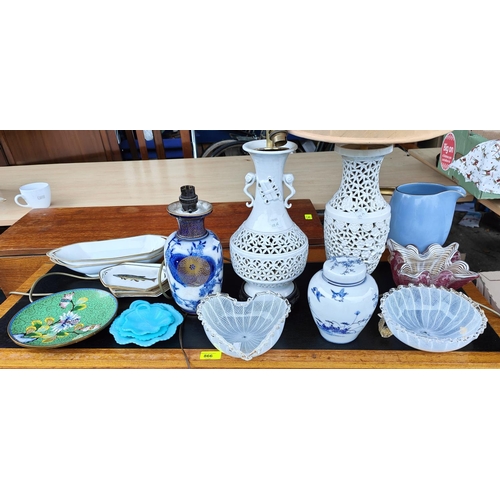 498A - Two similar Chinese reticulated lamps and a selection of glass and china fish dishes etc