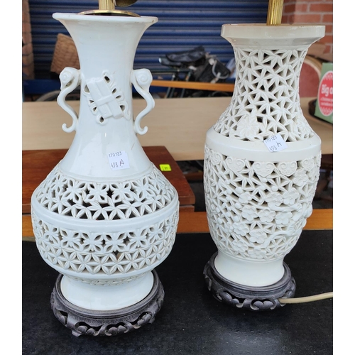 498A - Two similar Chinese reticulated lamps and a selection of glass and china fish dishes etc