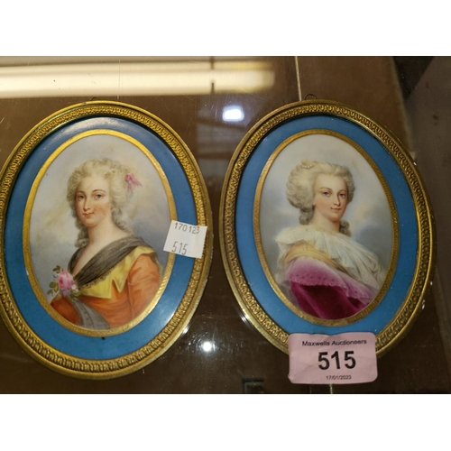 515 - Two 19th century hand painted porcelain plaques depicting head and shoulder portraits of ladies in 1... 