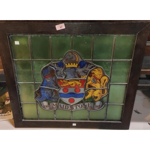 67 - An oak framed stained leaded glass crest of Maidstone 50 x 57cm