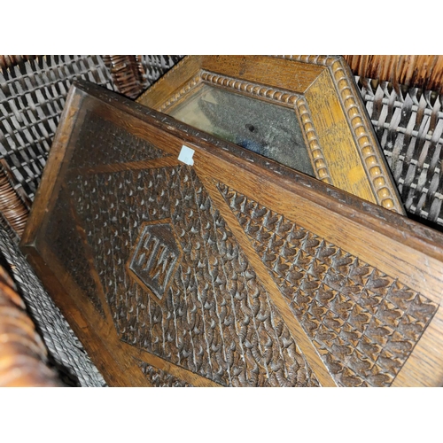 80 - A rattan box; an octagonal mirror; a carved tray & treenware etc.