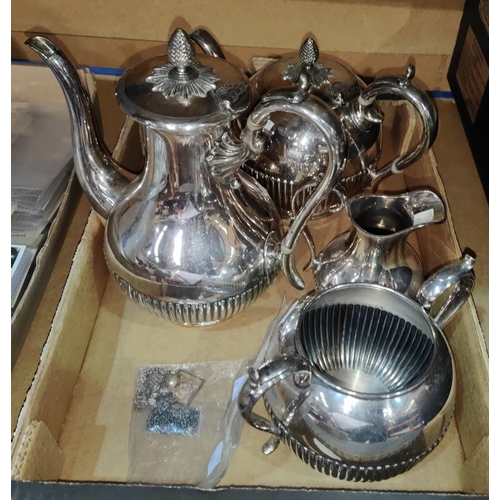 87 - An EPBM 4 piece tea service; a silver and diamante butterfly necklace; a similar necklace with pink ... 