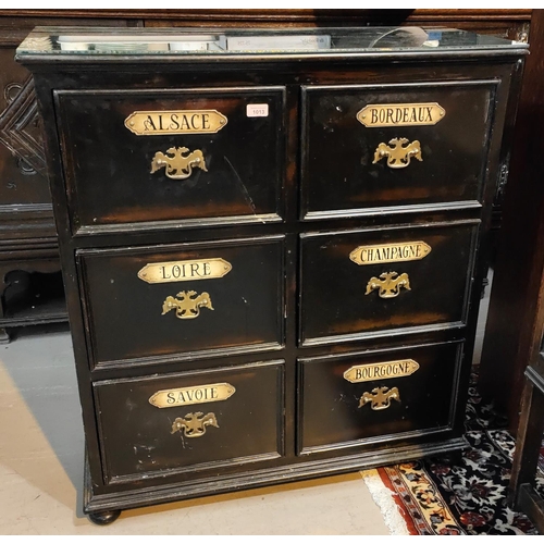 1013 - A 19th century style French Provincial chest of drawers lettered with French wines, width 92cm