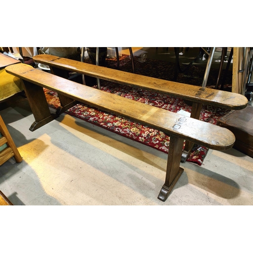 1039 - A pair of 19th century long thin oak benches, length 180cm