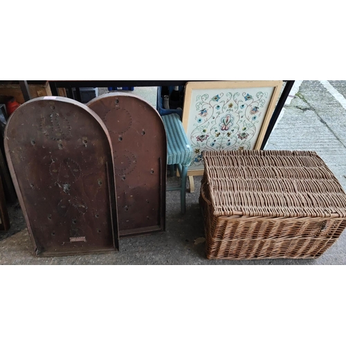 17 - Two bagatelle boards, a firescreen, a Loyd Loom stool and a large basket