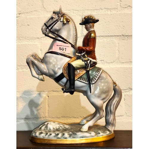 501 - A Bavarian china figure depicting a soldier on horse back 