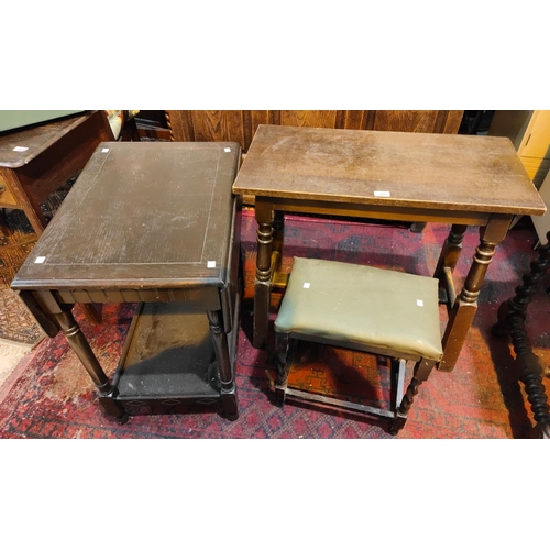 960 - An oak trestle occasional table, a book rack and a stool: an oak drop leaf occasional table