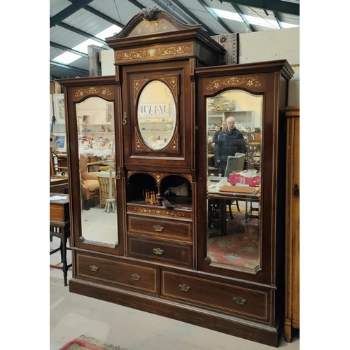 970 - A 19th century mahogany 2 piece bedroom suite comprising triple wardrobe with bone line and floral m... 