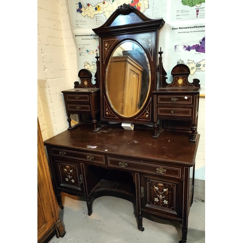 970 - A 19th century mahogany 2 piece bedroom suite comprising triple wardrobe with bone line and floral m... 