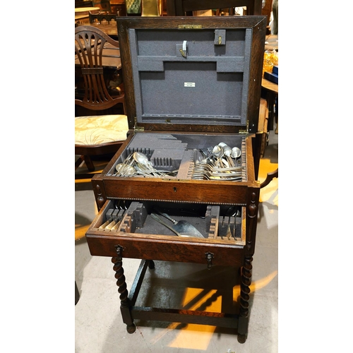 997 - A silver plated canteen of cutlery in oak floor standing box, with beaded decoration, part fitted, w... 