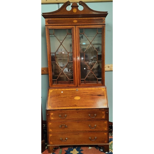 1005 - An Edwardian Sheraton style mahogany bureau bookcase with inlaid pattern and satinwood banding, 92m