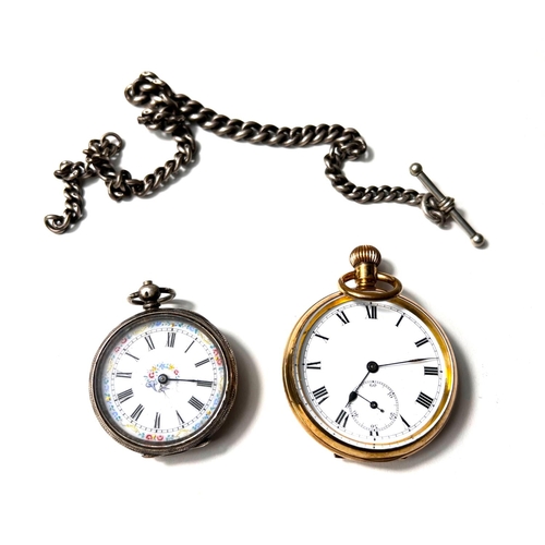 829 - A white metal open face pocket watch with decorated enamel dial, a gilt metal open face pocket watch... 