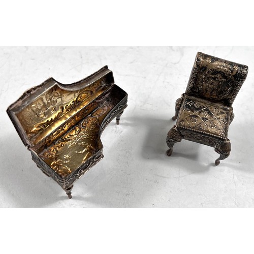 760 - Two white metal pieces of miniature furniture:  grand piano, with London import marks, and scro... 