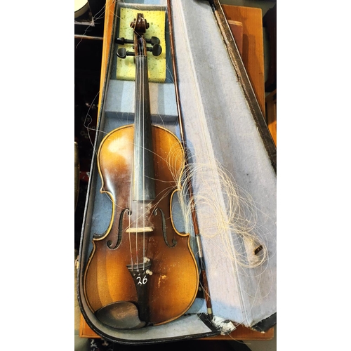 337 - A 20th century full size violin with double piece back, scrolling head, bow with mother of pearl ins... 