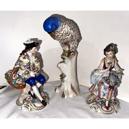 516 - A late 19th / early 20th century porcelain parakeet in the Chelsea manner with gold anchor mark to r... 