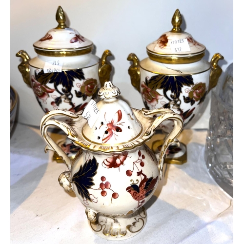 517 - Three Coalport covered vases and other similar china including Royal Crown Derby style ewer