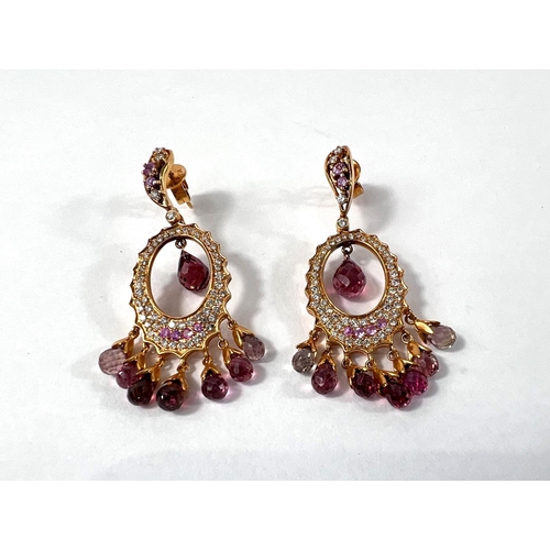 825 - A pair of diamond and pink tourmaline drop earrings in 18ct yellow gold setting (stamped 750) 13.6gm... 