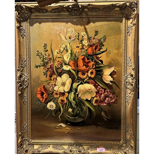 847 - Marcia, Still life of flowers, oil on board, signed, 59 x 44cm, framed and a similar picture