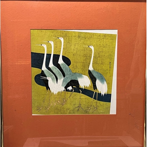 854 - Sakai Hoitsu, 'Cranes', coloured print, 37 x 37cm, framed and glazed