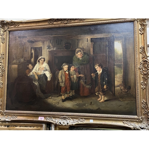 863 - B Bonnet:  19th century cottage interior with 2 women and children greeting an orphan boy, oil on ca... 