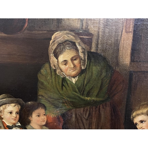 863 - B Bonnet:  19th century cottage interior with 2 women and children greeting an orphan boy, oil on ca... 