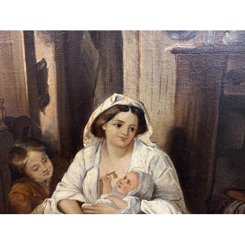 863 - B Bonnet:  19th century cottage interior with 2 women and children greeting an orphan boy, oil on ca... 