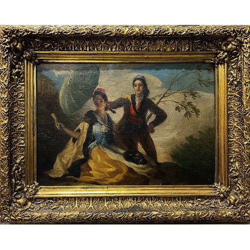 864 - 19th Century Continental:  Spanish courting couple with parasol in a landscape, oil on canvas, ... 