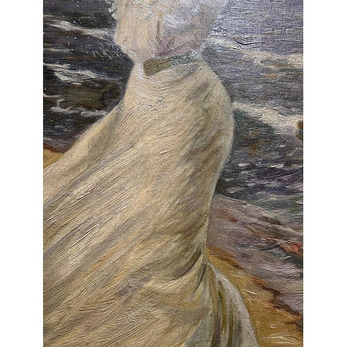 868 - W R Lavender:  Edwardian lady in white dress and hat on a windswept beach, oil on canvas, signed, 52... 