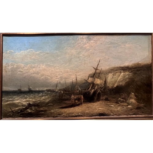 869 - 19th Century British:  North East coastal landscape with figures and beached ships in the backg... 