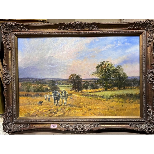 881 - Alwyn Crawshaw:  rural landscape with figures and shire horses, oil on canvas, signed, 50 x 75c... 