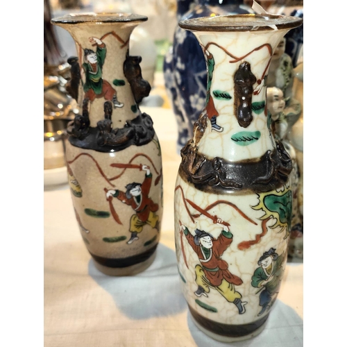 353 - A pair of Chinese crackle glaze vases, a similar baluster vase, all with bark effect rims and marks ... 